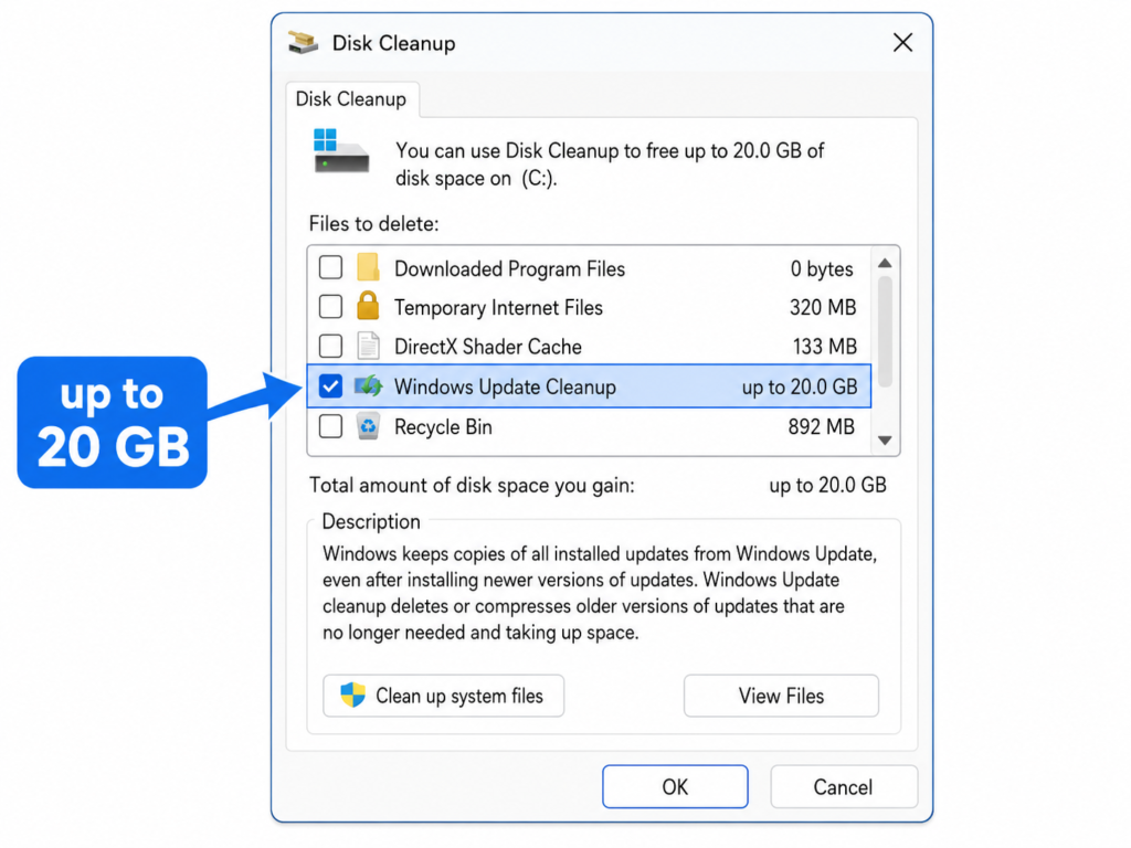 Disk Cleanup window showing "Windows Update Cleanup" selected, with an arrow pointing to "up to 20 GB".