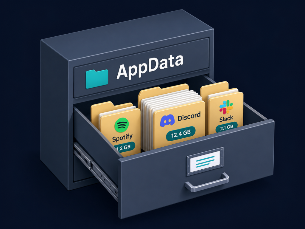 Appdata folder in a filing cabinet drawer with folders for Spotify, Discord, and Slack.