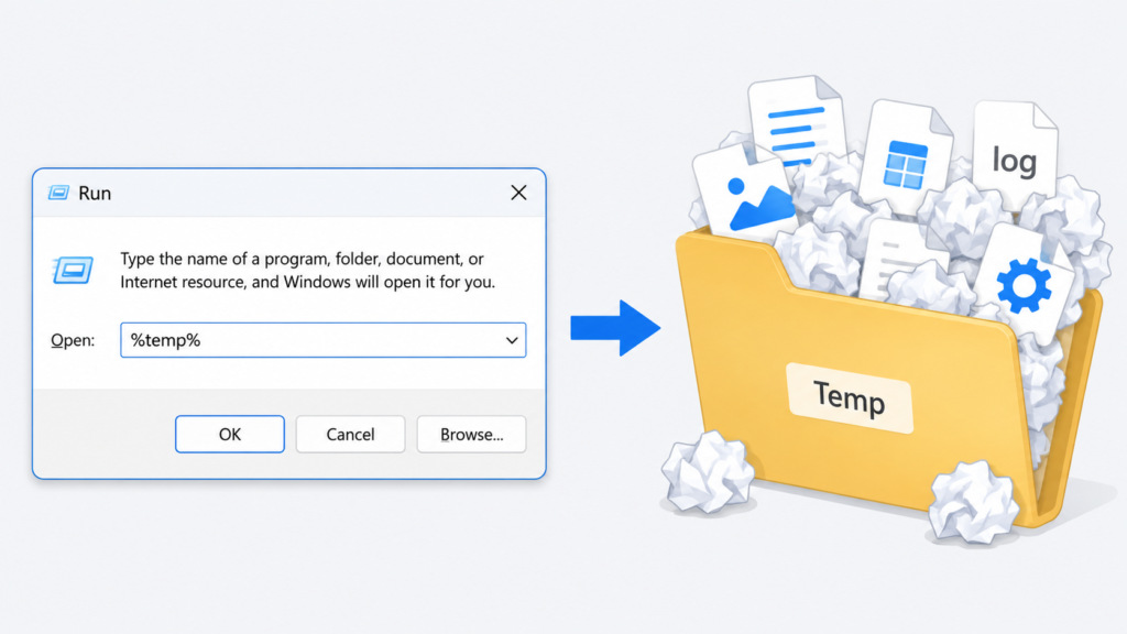 Using the Run dialog with %temp% to clear temporary files.