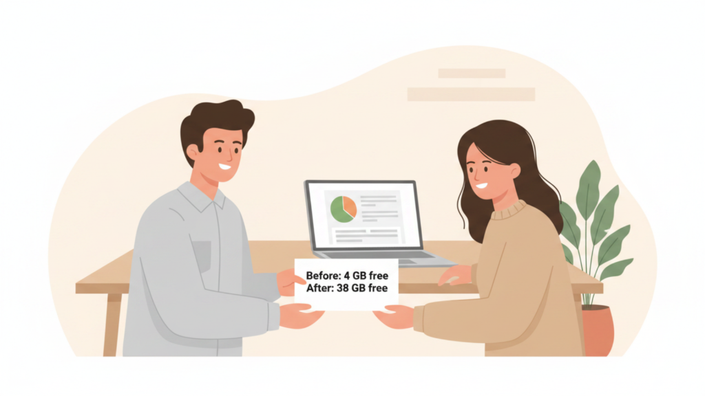 Man and woman holding a card that reads "Before: 4 GB free After: 38 GB free" with a laptop on a desk behind them.